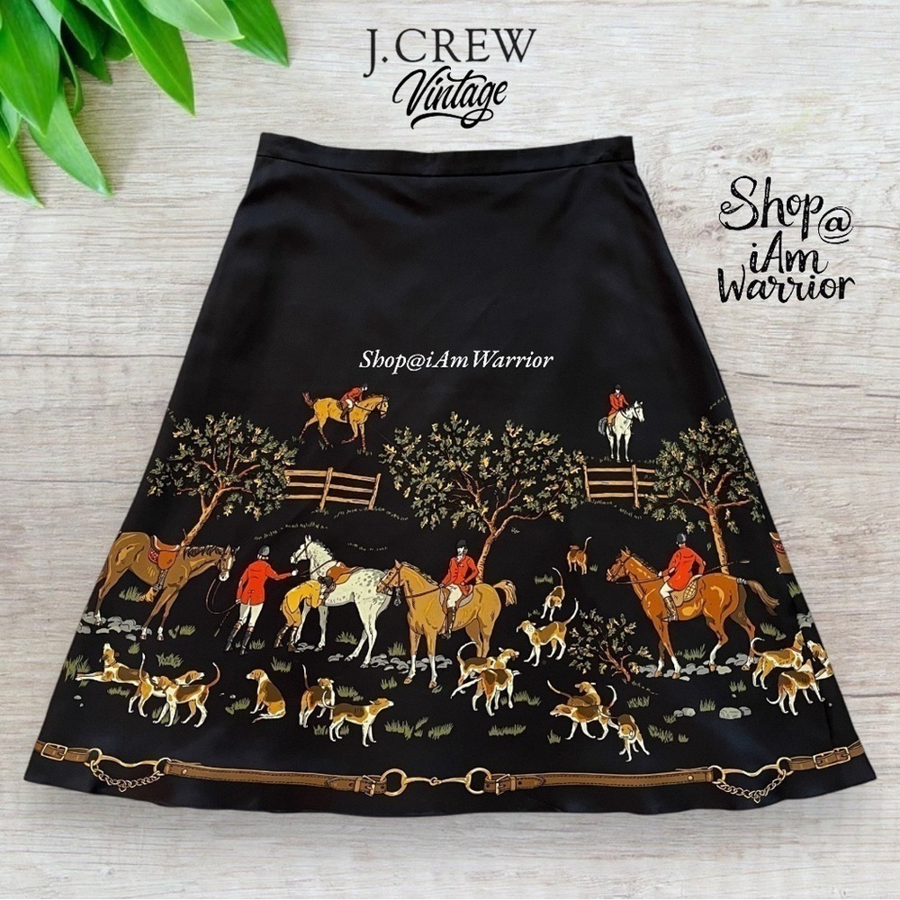 J.Crew RARE vintage equestrian horse & hound print a-line silk skirt *iamwarrior - Picture 5 of 13